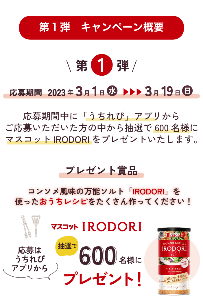 第1弾 2023年3月1日（水）～2023年3月19日（日）応募期間 2023年3月1日（水）～2023年3月19日（日）応募期間中に「うちれぴ」アプリからご応募いただいた方の中から抽選で600名様にマスコットIRODORIをプレゼントいたします。プレゼント賞品 マスコットIRODORI 抽選で600名様にプレゼント
